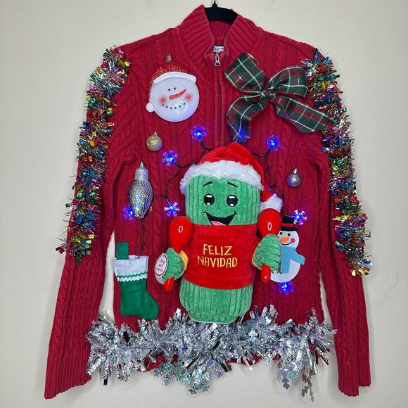 Ugly Christmas Sweater Singing Cactus Feliz Navidad LIGHT UP Tinsel Party Winner - Picture 1 of 5
